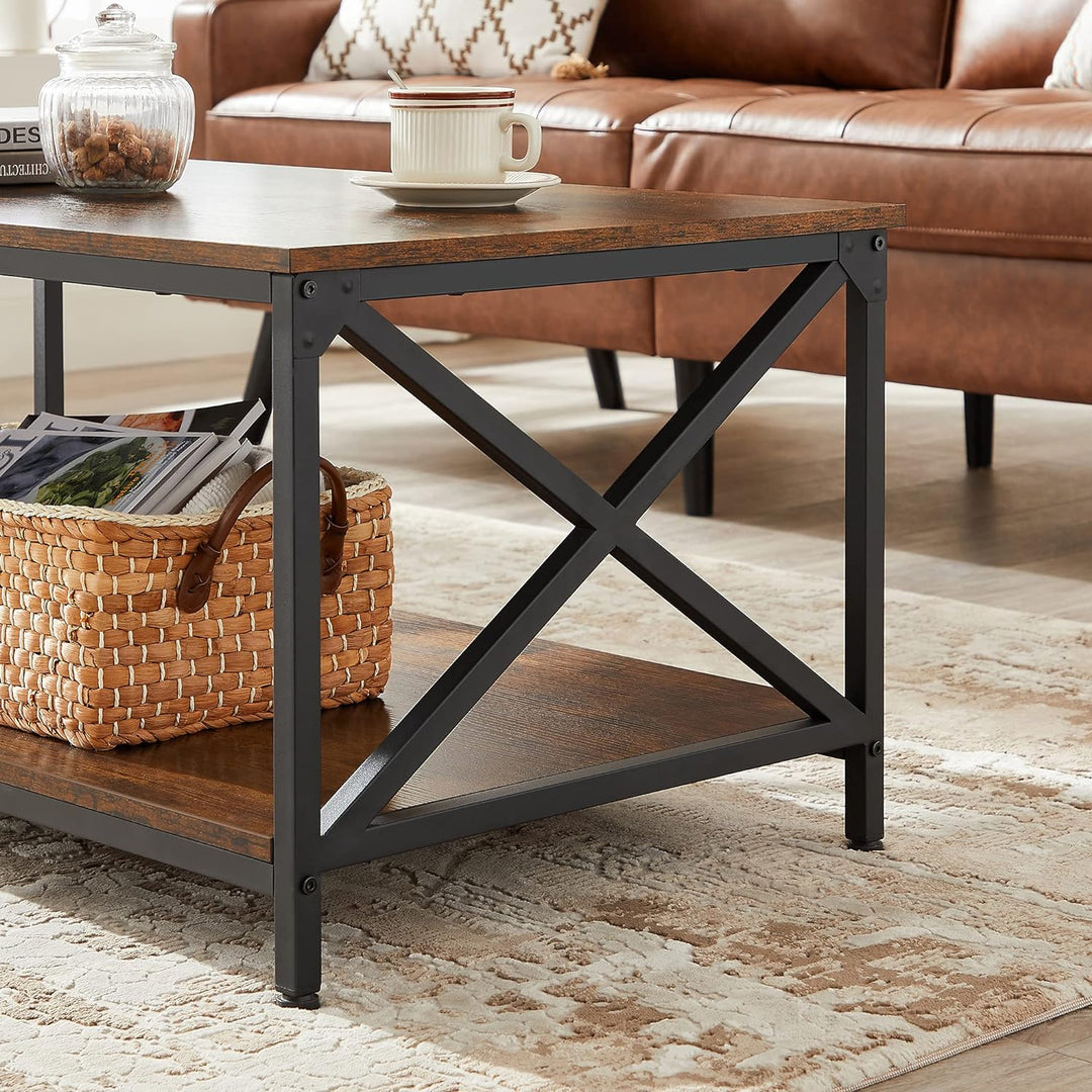 Rustic Coffee Table with Storage Shelf, Industrial Farmhouse