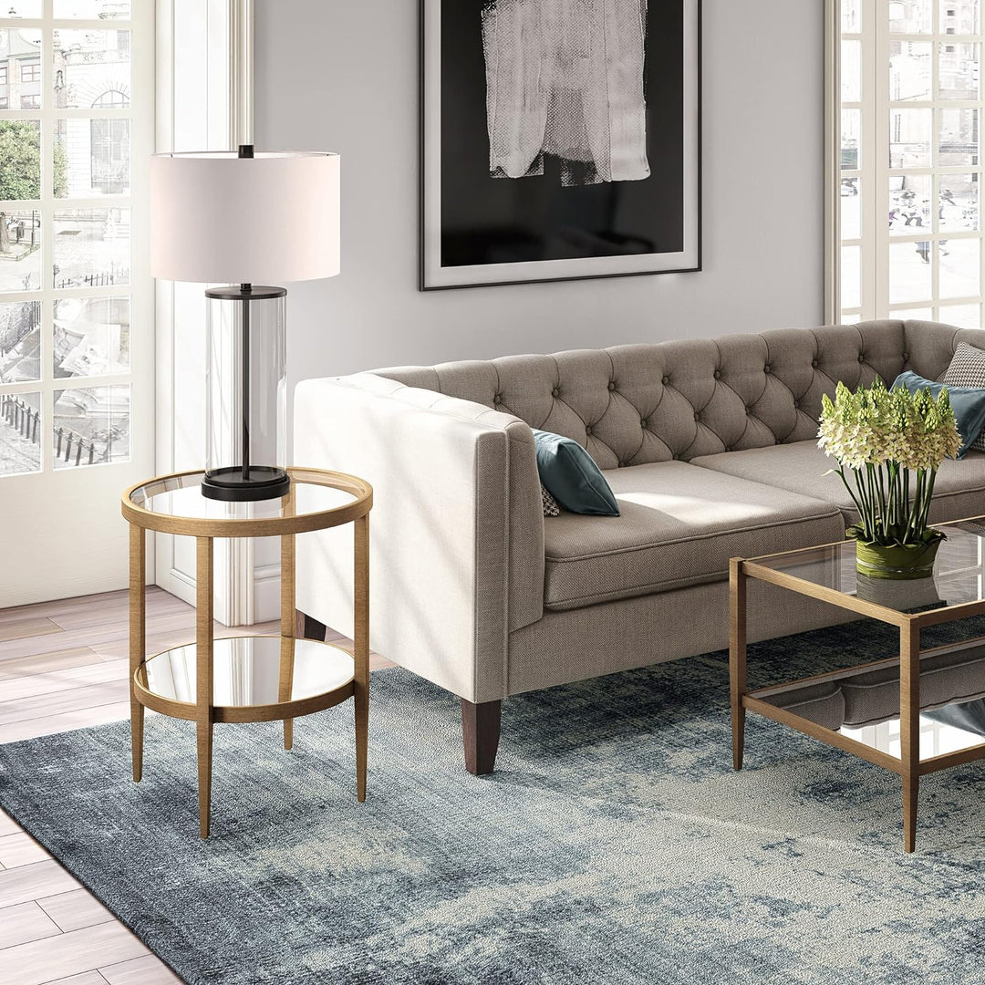 Elegant Round Side Table with Mirror Shelf, Antique Brass