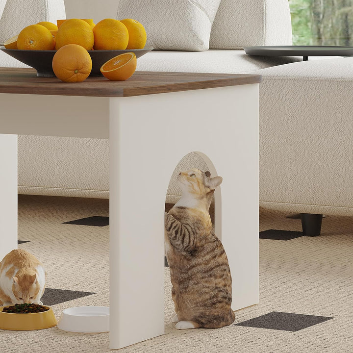 Farmhouse Coffee Table with Cat House, Wooden Modern Accent, White & Brown