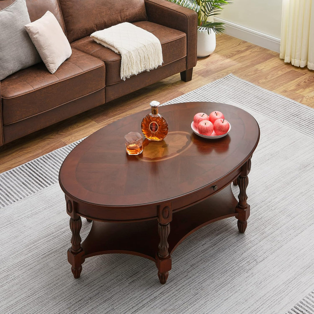 Solid Wood Oval Coffee Table with Storage Drawer, Cherry Walnut