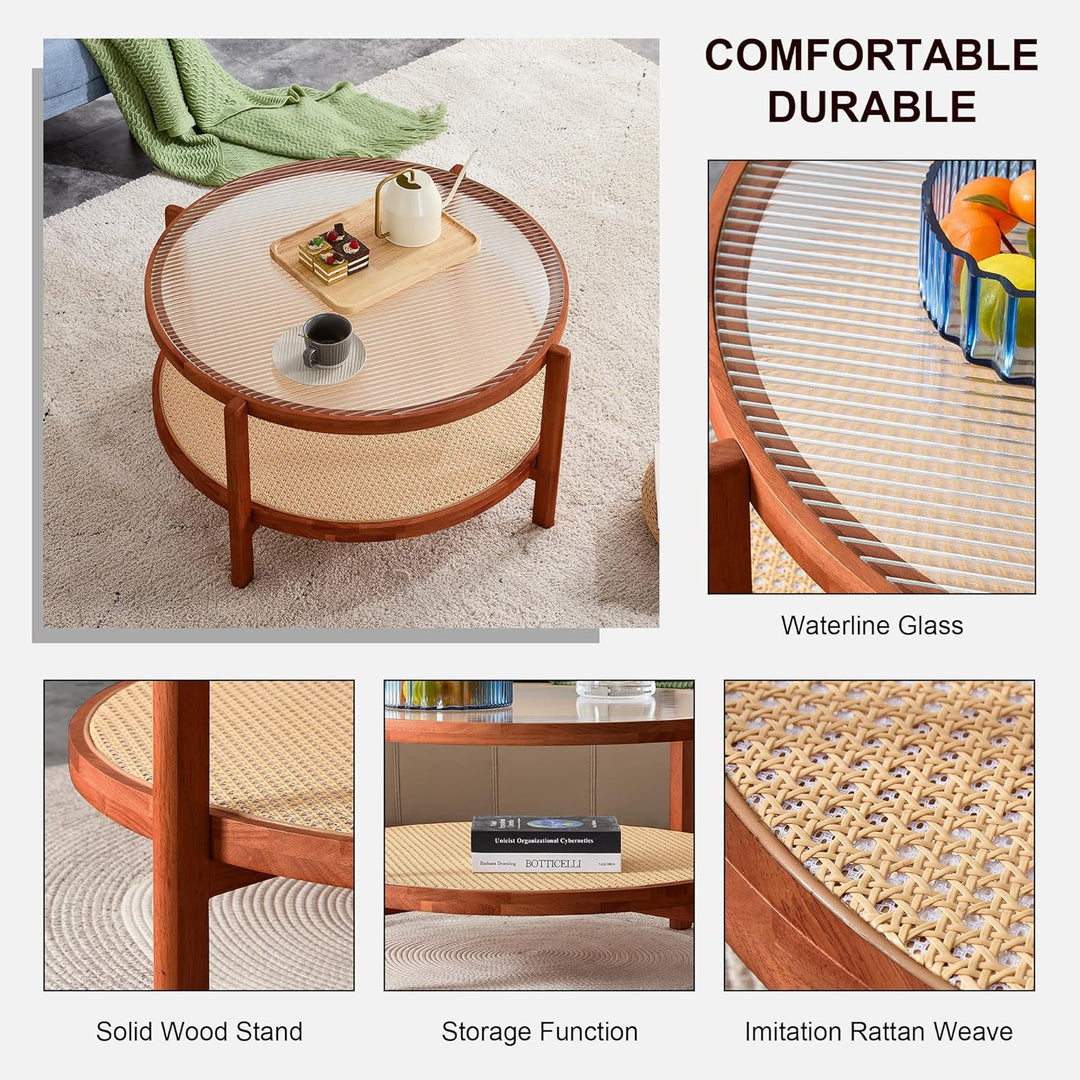 Modern Imitation Rattan Round Coffee Table, 2-Tier Solid Wood Glass Top, E-walnut