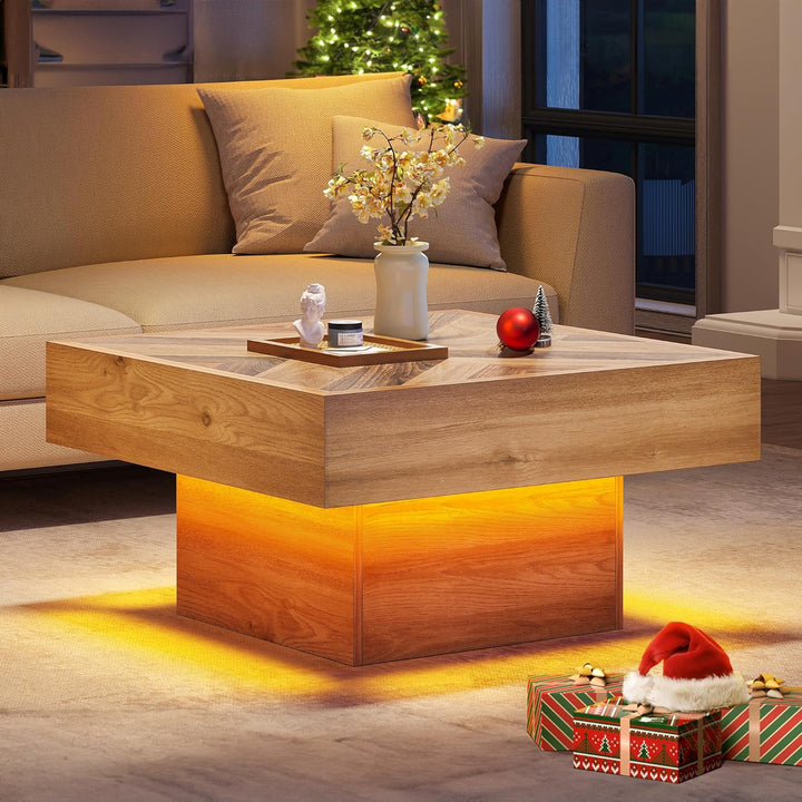 Farmhouse Coffee Table, Square Wood LED Table with Storage, Brown