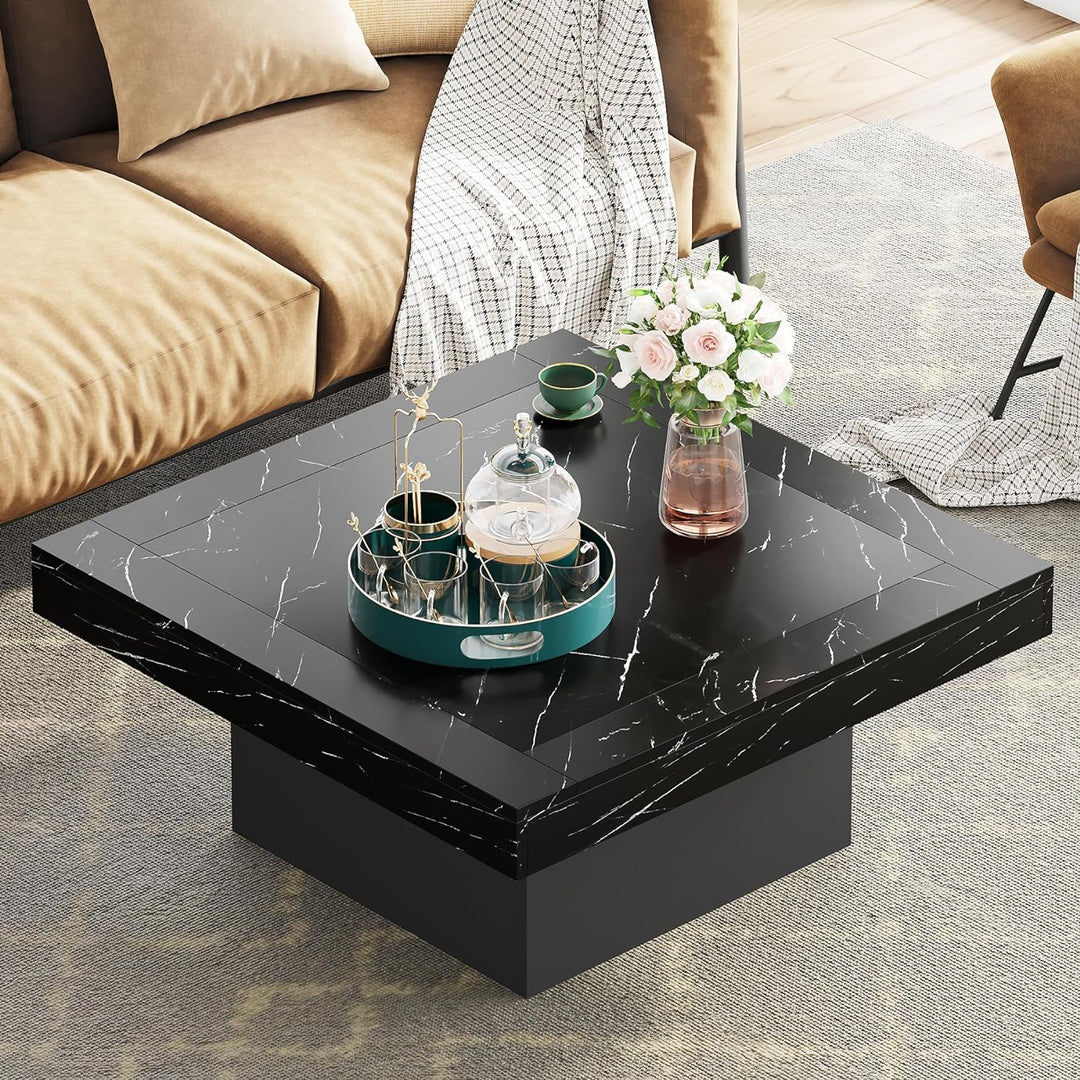 Stylish Square LED Coffee Table, Faux Marble Blackblack