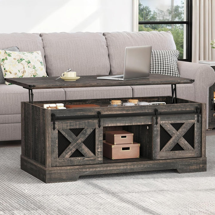 Farmhouse Coffee Table with Lift Top, Storage & Sliding Barn Door, Dark Rustic Oak