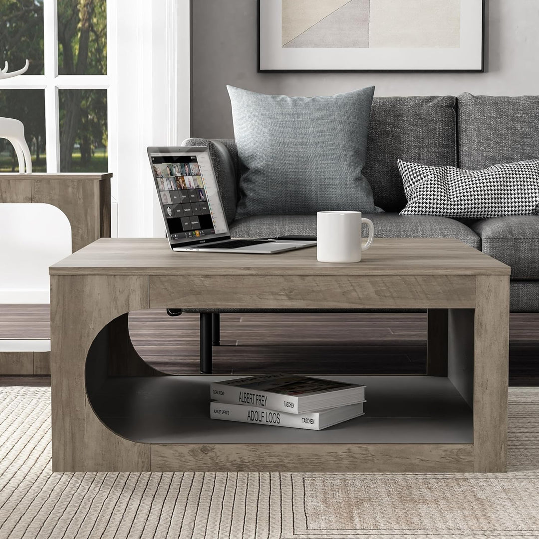 Galano Janus Modern Rectangular Coffee Table, 2-Tier, Knotty Grey Oak