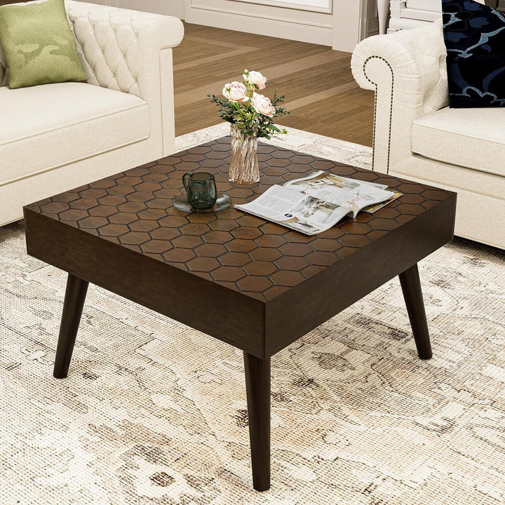 Rustic Farmhouse Square Coffee Table, Honeycomb Pattern MDF Board