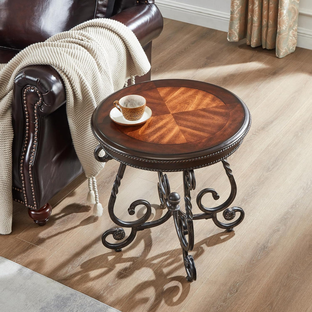 Retro Round Wood End Table with Metal Legs, Farmhouse Circle Side Table for Living Room, Only End Table