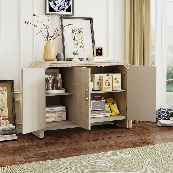 Elegant Curved Sideboard Buffet Cabinet, Natural Wood Wash, 47.2