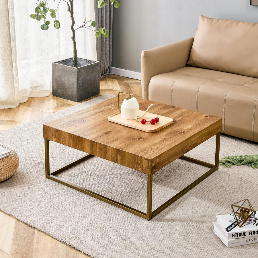 Modern Walnut Wood Coffee Table with Black Metal Legs, Square