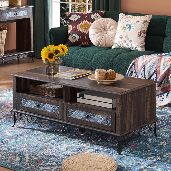 Rustic Bohemian Coffee Table with Sliding Drawers, Ornate Wrought Iron Decor, Dark Brown