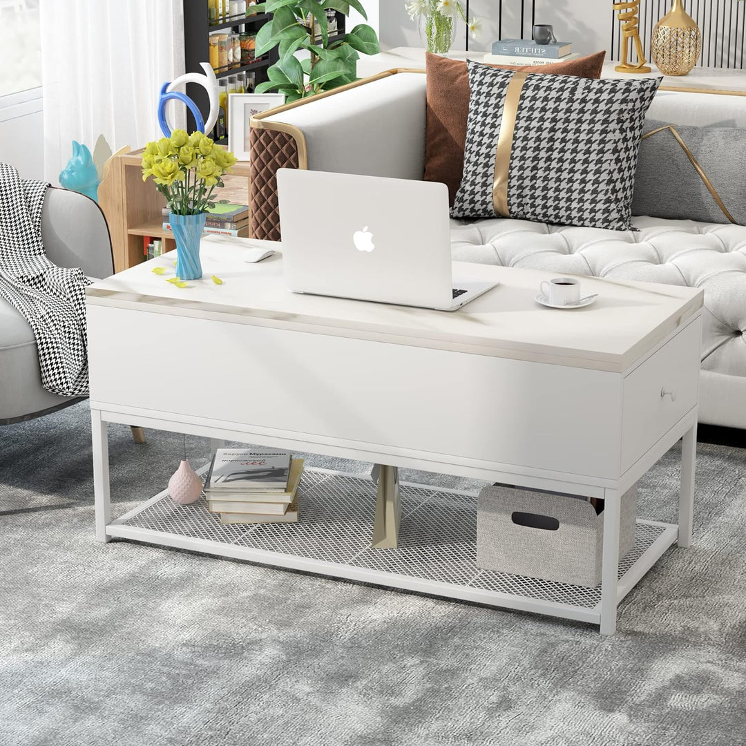 Lift Top Coffee Table with Storage Drawers and Hidden Compartment, Faux Marble White