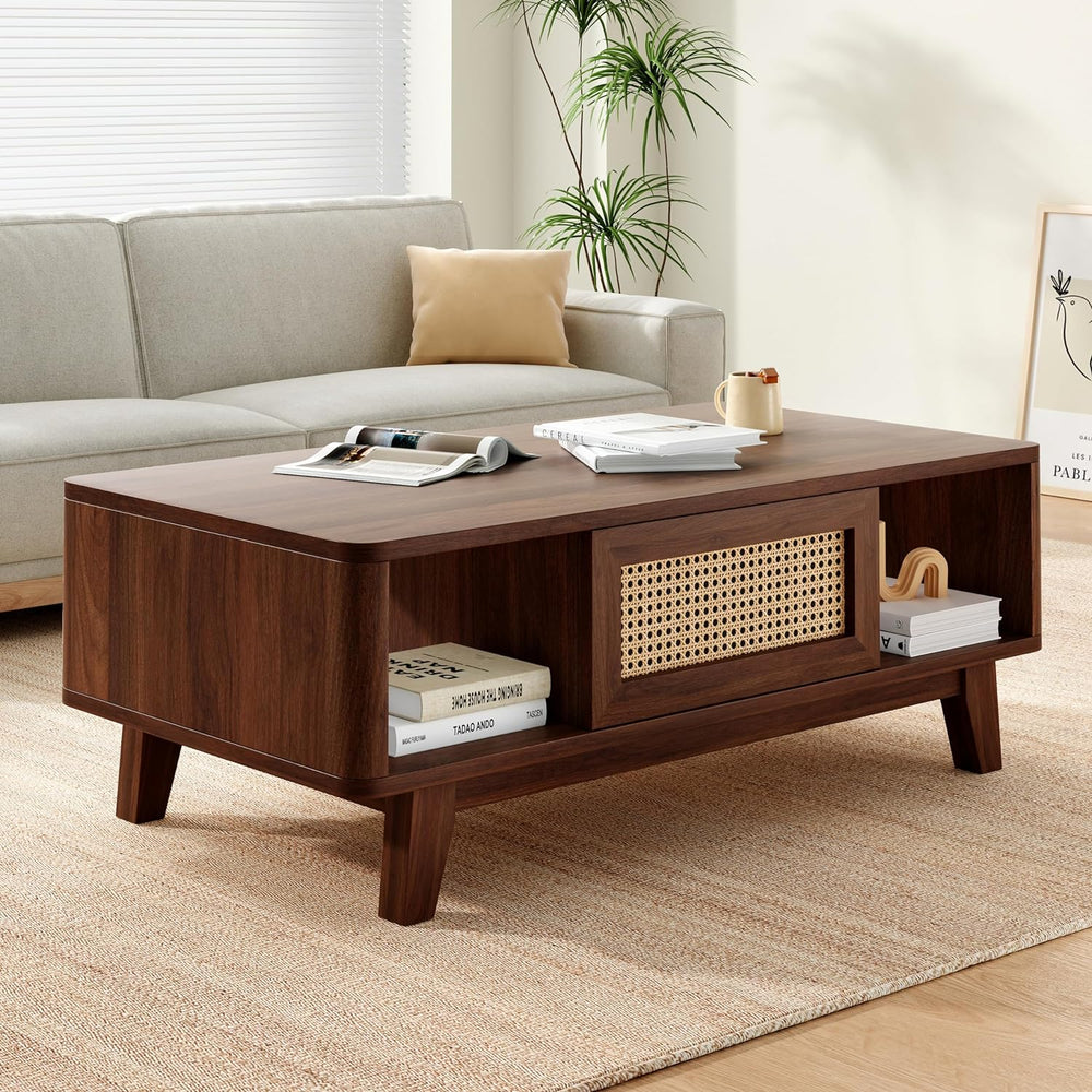 Coffee Table, Mid Century Modern Square with Rattan Drawer, Dark Walnut