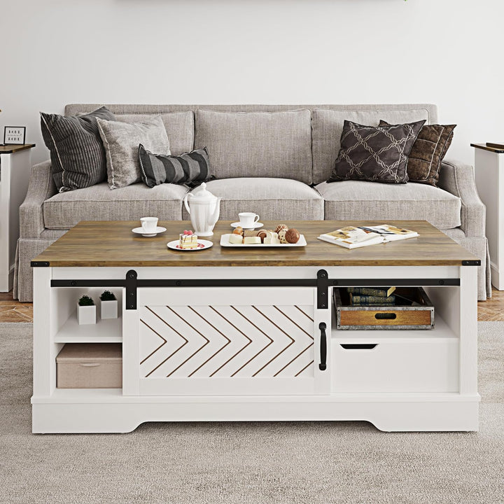 Farmhouse Coffee Table with Storage, Sliding Barn Door, White and Rustic Dark Oak