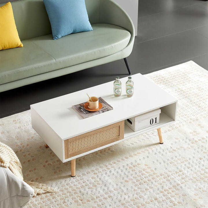 Stylish Rattan Coffee Table with Storage, Solid Wood Legs, F-white