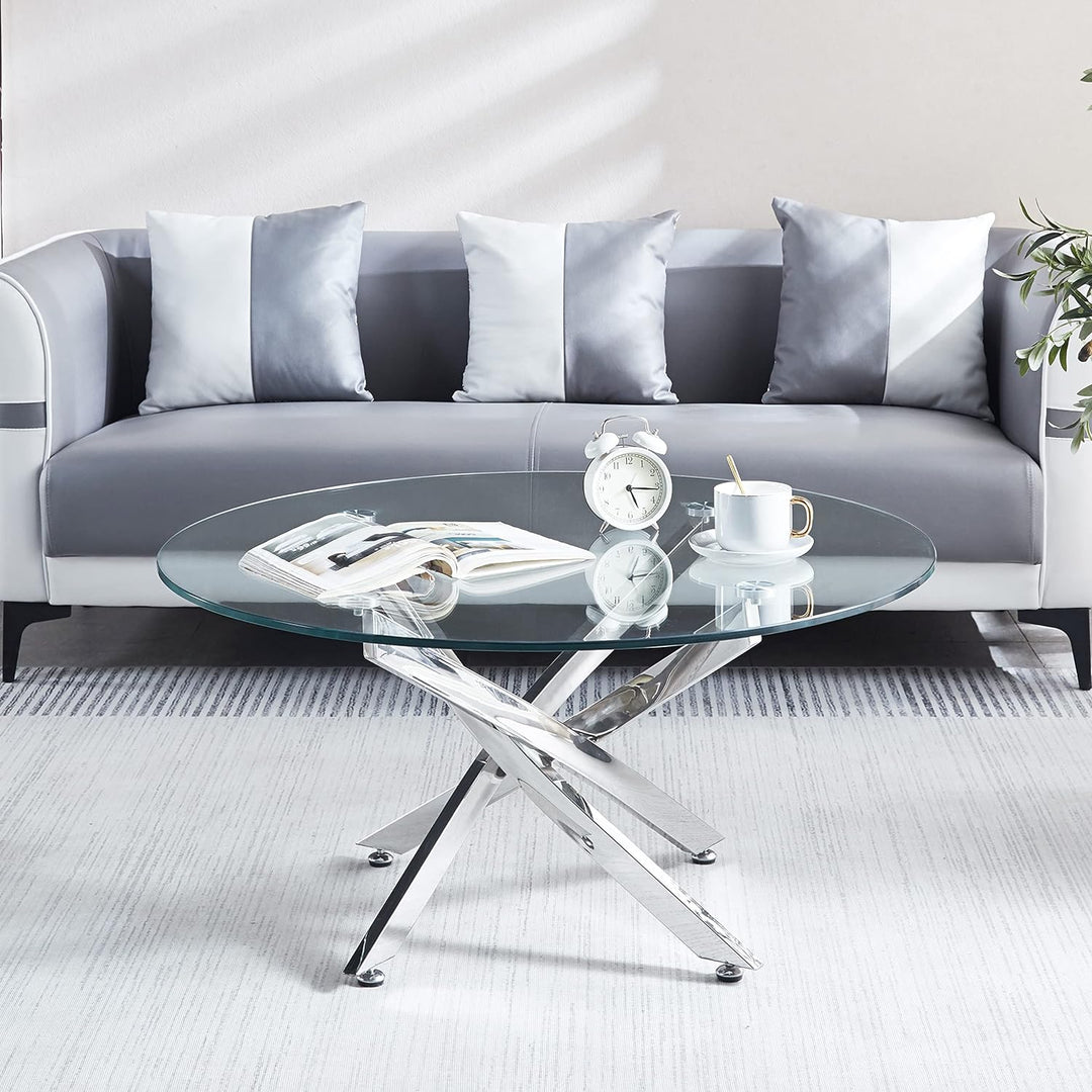 Pvillez Modern Glass Coffee Table, Round Center Table, Silver