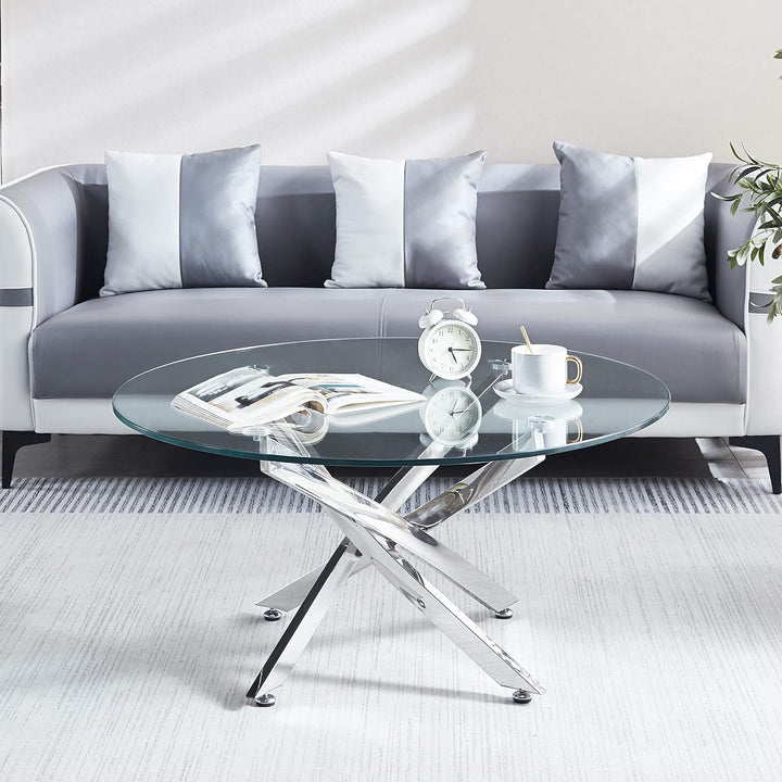 Pvillez Modern Glass Coffee Table, Round Center Table, Silver