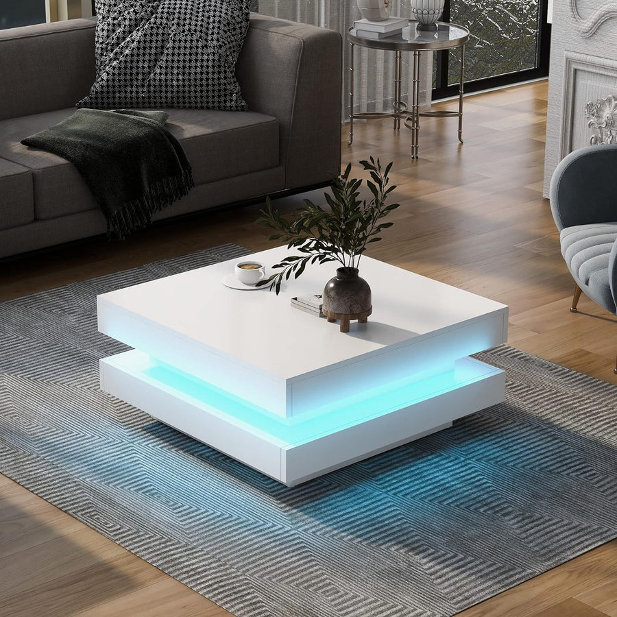 Minimalist Modern Square Coffee Table with 16-Color LED Lights, White