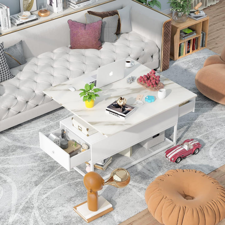 Lift Top Coffee Table with Storage Drawers and Hidden Compartment, Faux Marble White