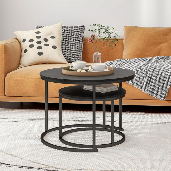 Round Coffee Table Set with 2 End Tables, Black Accent Furniture