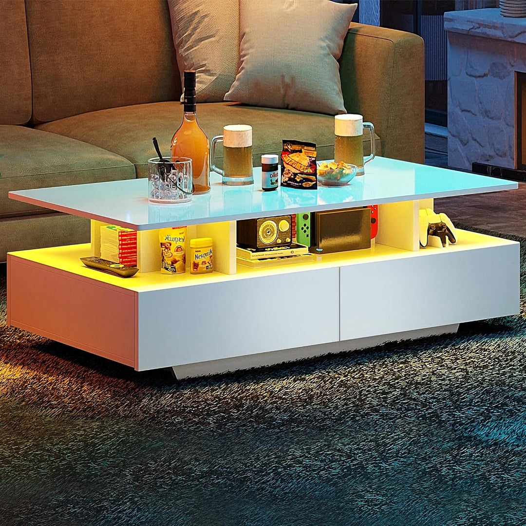 YITAHOME LED Coffee Table with Storage, High Glossy White