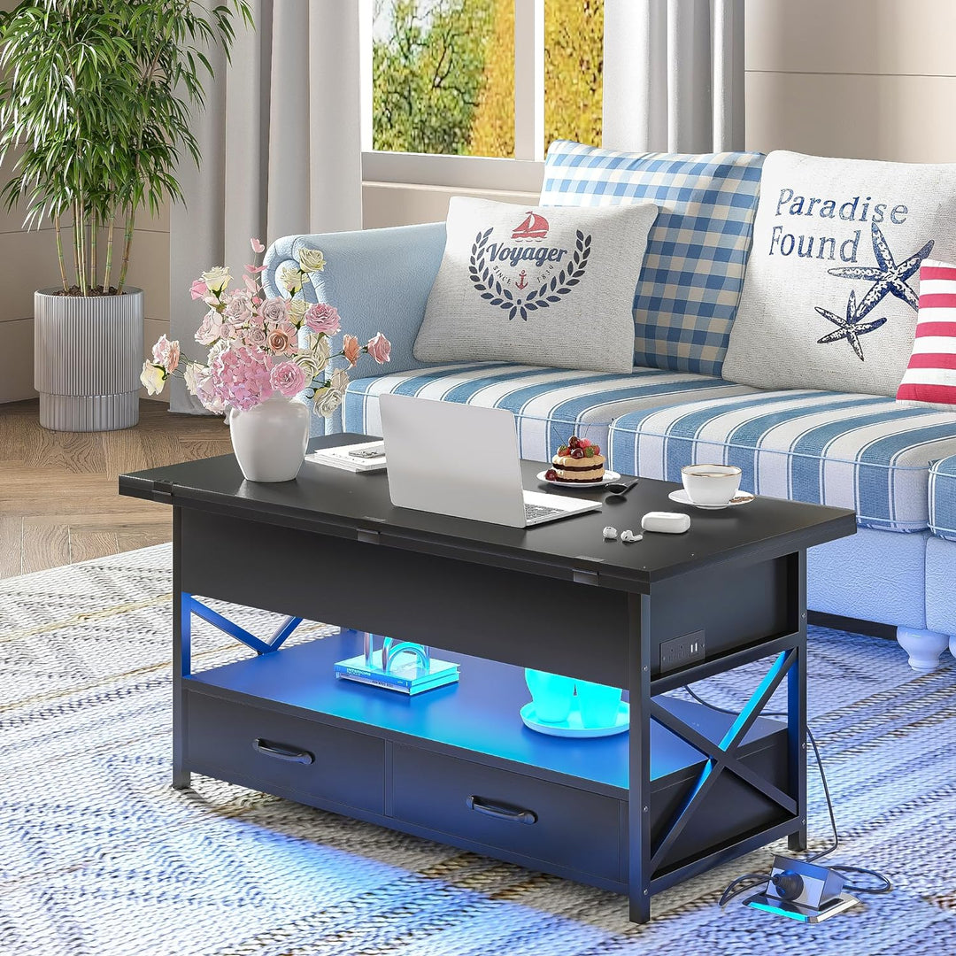 Farmhouse Coffee Table with LED Light, Power Outlet, Hidden Compartments, Black