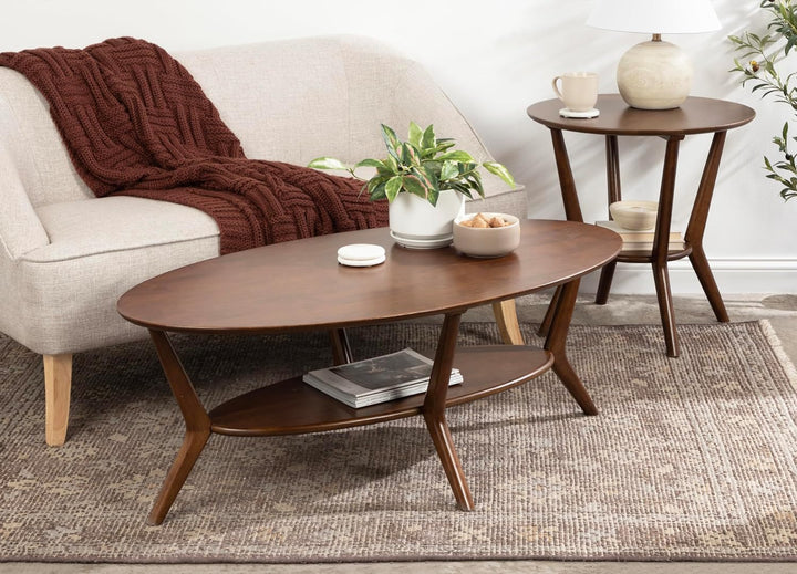 Nylah Mid-Century Modern Oval Coffee Table with Storage, Walnut Brown