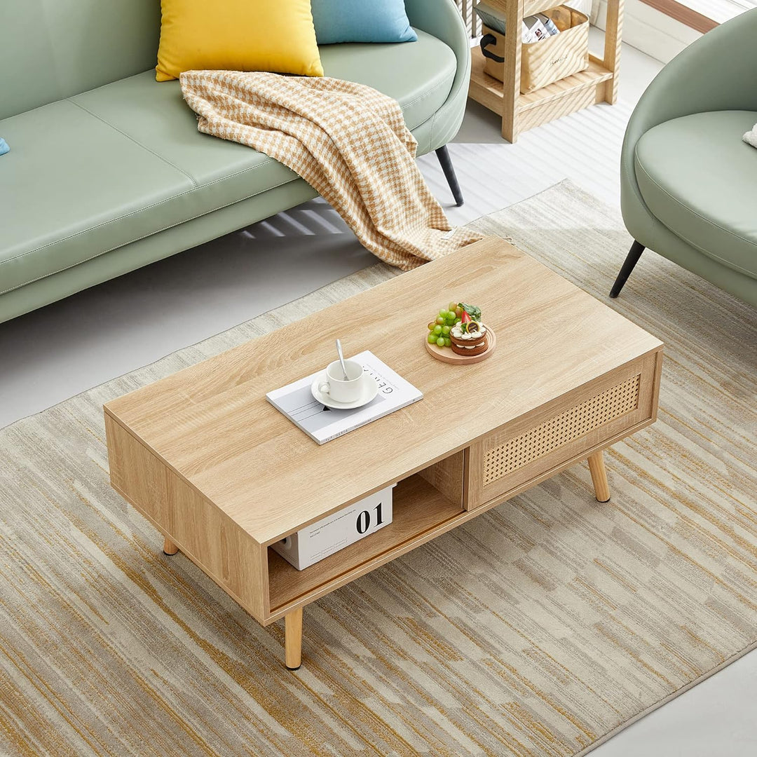 Modern Rattan Coffee Table, Sliding Door, Solid Wood, F-natural