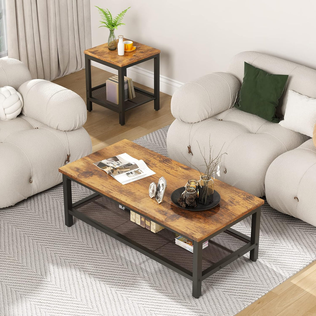 AWQM 3-Piece Coffee Table Set, Industrial Living Room Table, Rustic Brown