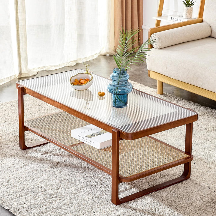 Elegant Rattan Woven Coffee Table, A-walnut