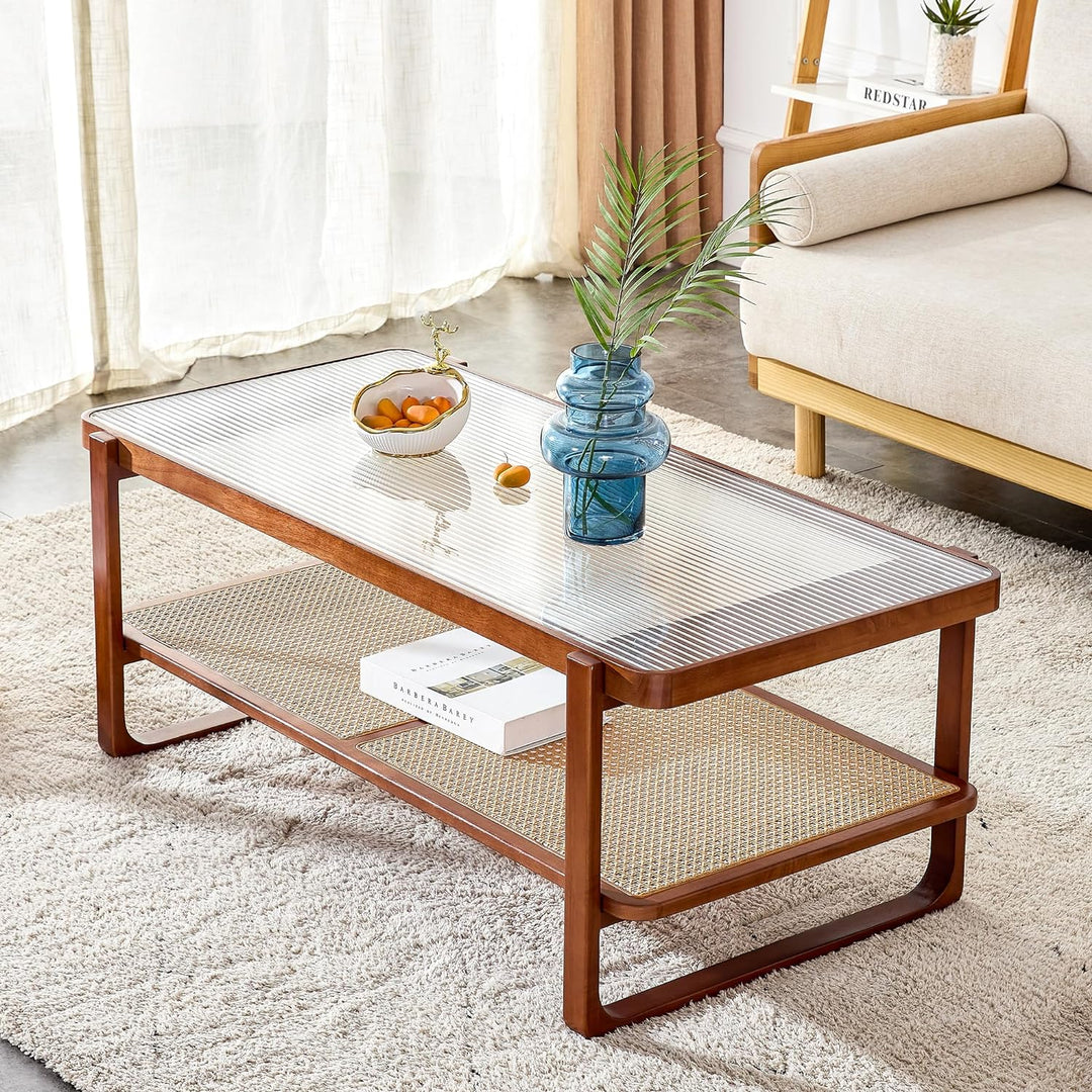 Pvillez Chinese Style Coffee Table, Mid Century Modern Faux Rattan Rectangular Coffee Table, Walnut