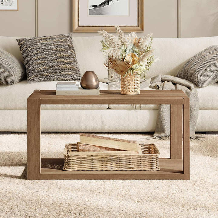 Farmhouse Wood Coffee Table w/ Storage Shelf, Boho Accent Table