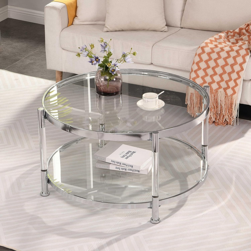 Tempered Glass Coffee Table Set, Modern Acrylic Legs, Circle