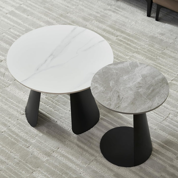 Round Coffee Table Set, Modern Nesting End Tables, Marble Accent Tables, 23.6''-black