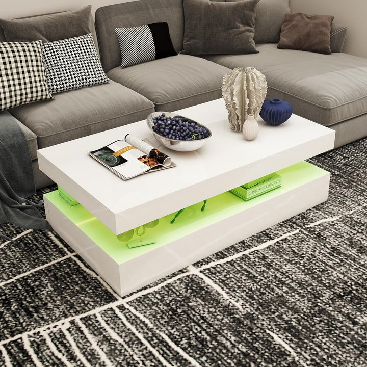 LED Coffee Table, Modern Coffee Table with Remote Control, High Gloss Rectangular Coffee Table, White