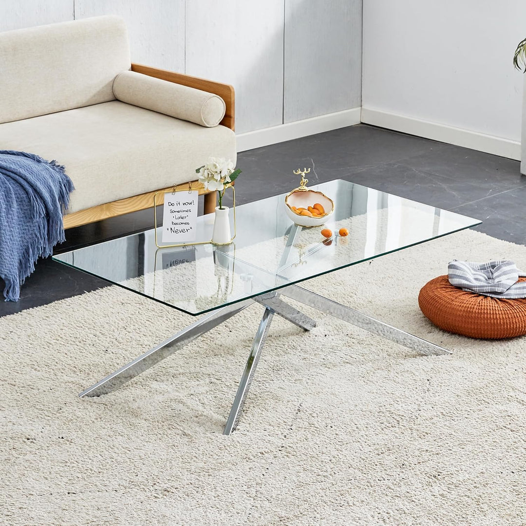 Elegant Modern Glass Coffee Table, Clear Tempered Glass, Silver