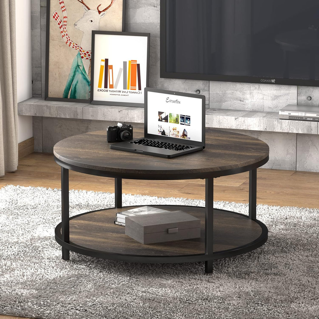 Rustic Round Coffee Table with Wooden Surface, Metal Legs, Storage