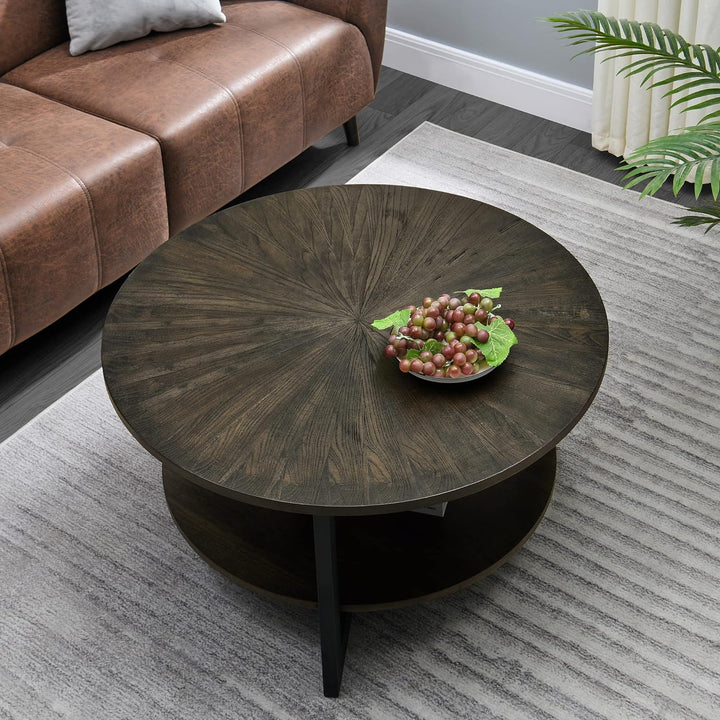 Rustic Round Coffee Table with Storage Shelf, Farmhouse Cocktail Table, Brushed Black