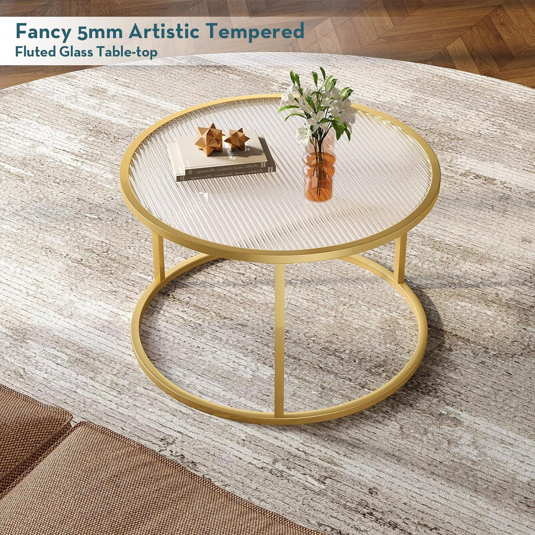 Stylish Modern Round Glass Coffee Table, Coffee Table-texture Gold