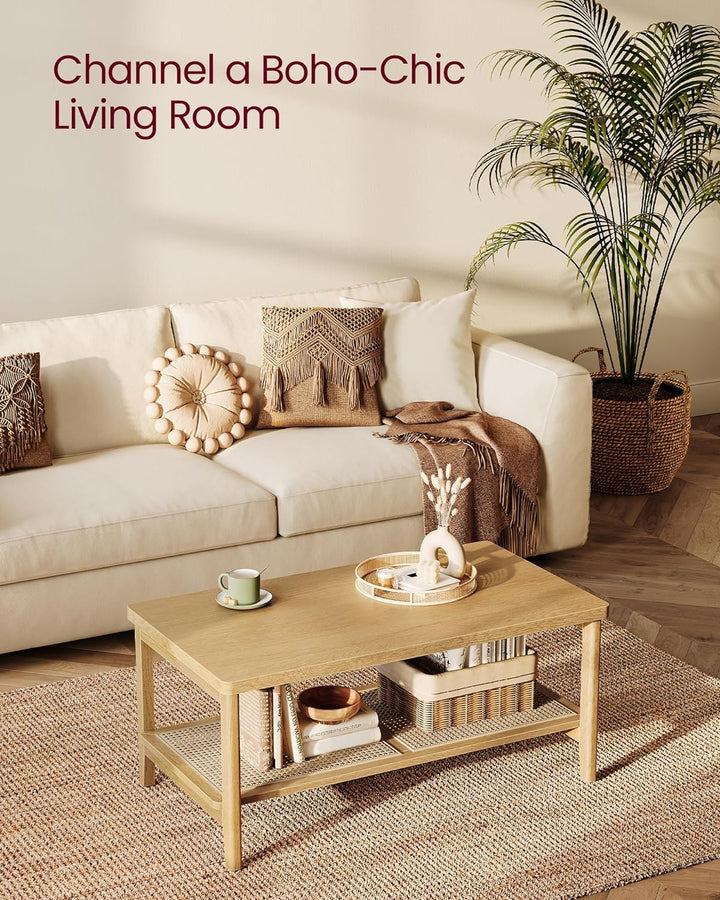 VASAGLE 2-Tier Coffee Table, Rectangular Center Table with PVC Rattan Storage Shelf, Oak Beige