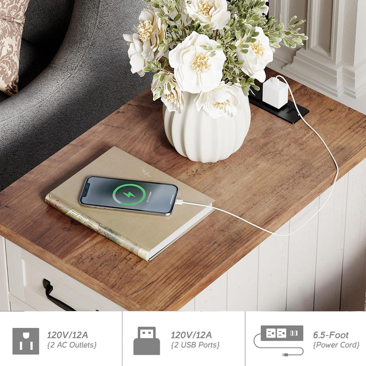 White End Table Charging Station Wood Side Sofa