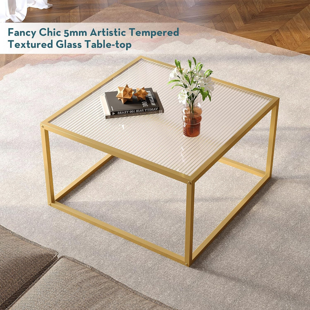 Modern Glass Coffee Table, Small Square, Unique Art Center Table, Gold