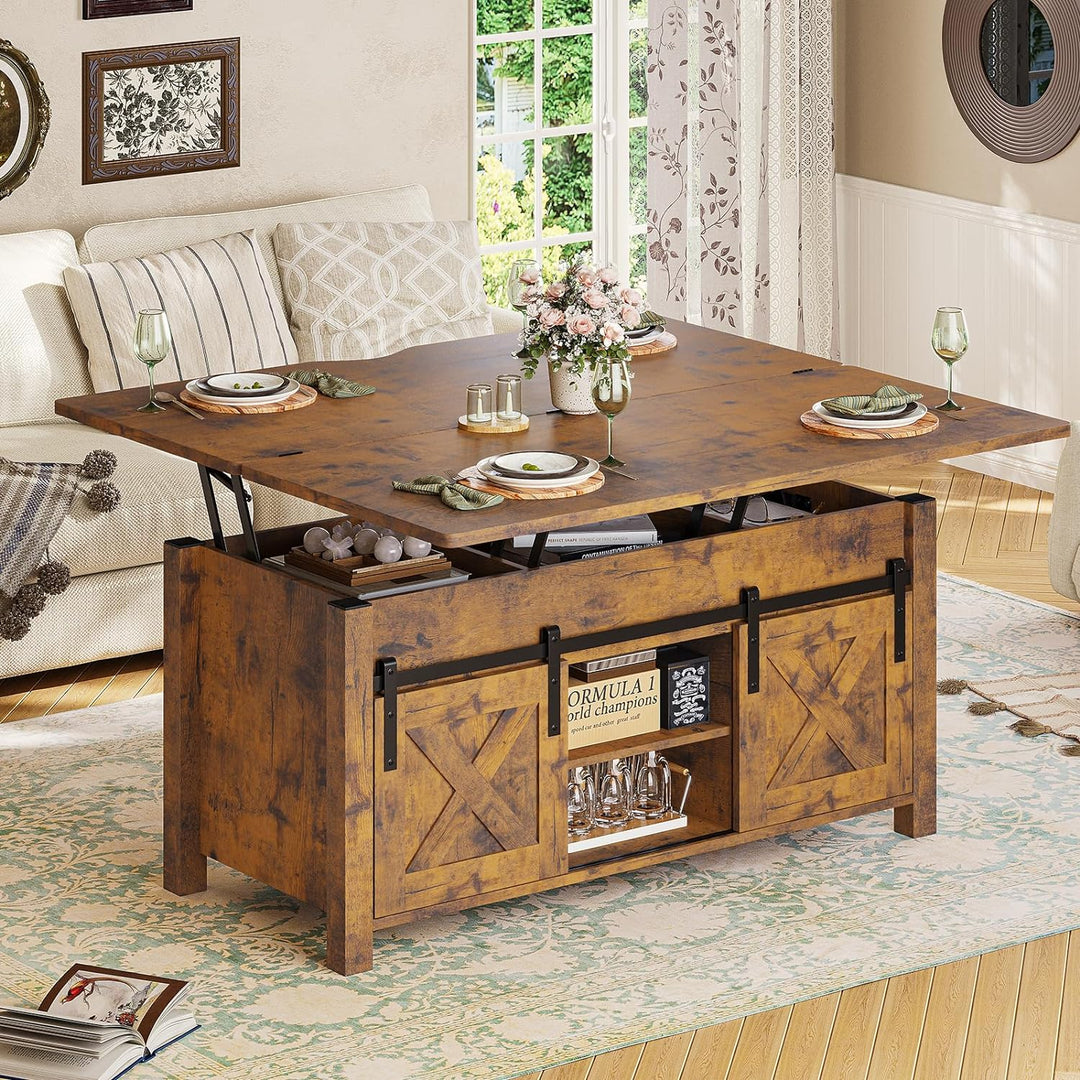 Rustic Lift-Top Coffee Table, Convertible 4-in-1 with Storage, Rustic Brown