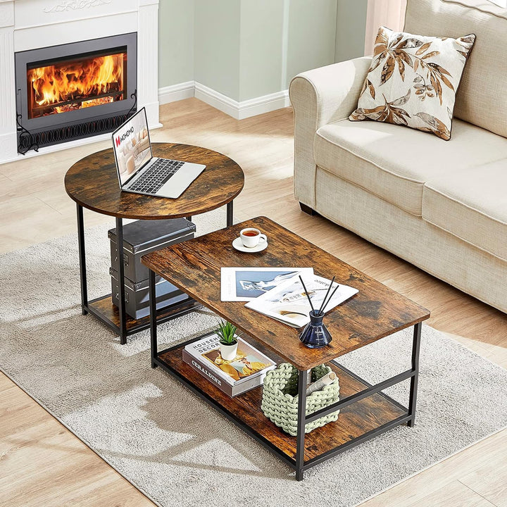 Rustic Farmhouse Coffee Table, Mid-Century Modern 2-in-1 Set, Rustic Brown