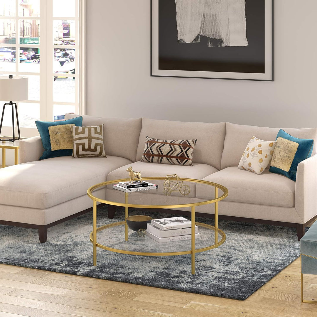 Elegant Round Glass Coffee Table with Brass Frame