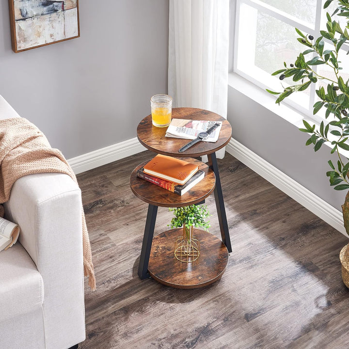 Round End Table 3-Tier Shelves Rustic Brown