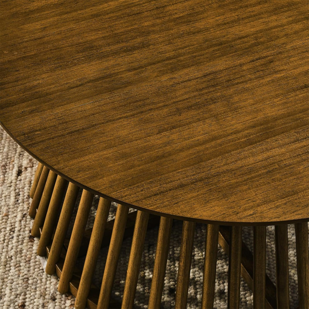 Elegant Walnut Brown Round Coffee Table, Solid Wood Legs