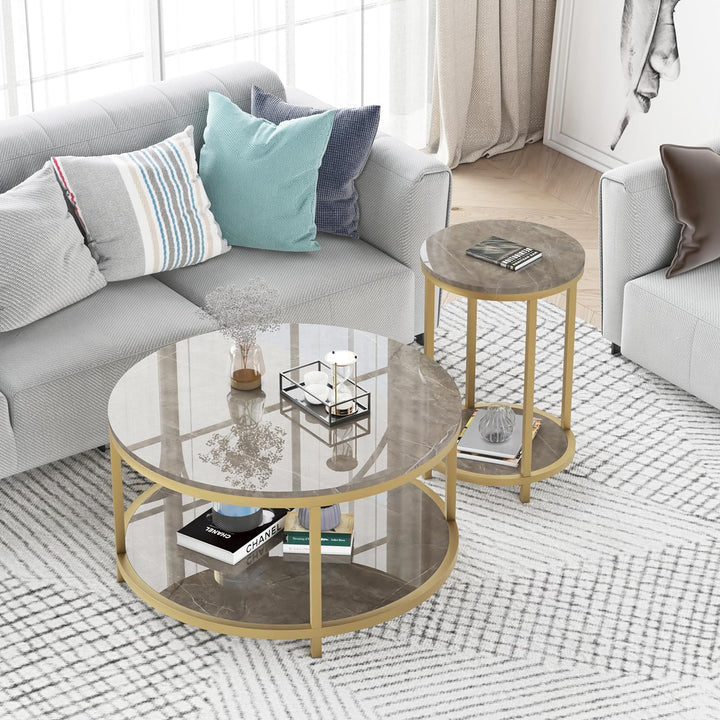 Round Side Table, Modern Nightstand End Table with Gold Metal Frame &Faux Marble Top