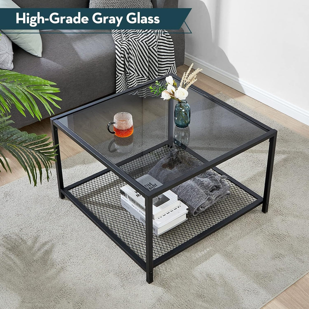 Modern Glass Coffee Table with Storage, Industrial Square Center Table