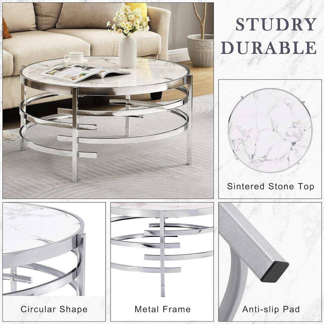 Circular Coffee Table, Sintered Stone Top, Modern Design, Silver