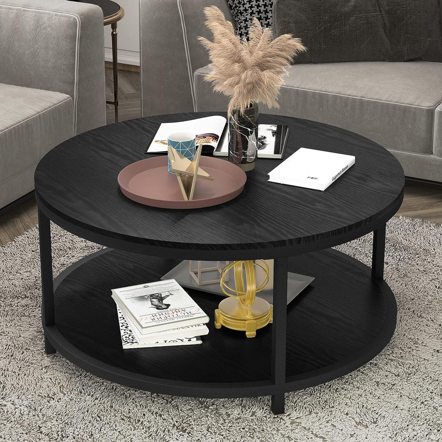 NSdirect Round Coffee Table, Rustic Wooden Surface Top & Legs, Black